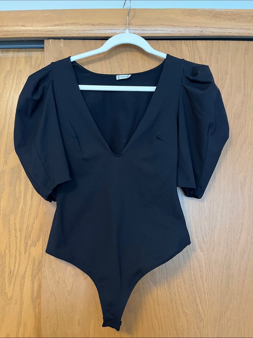 Free People Black V-Neck Puff Sleeve Bodysuit
